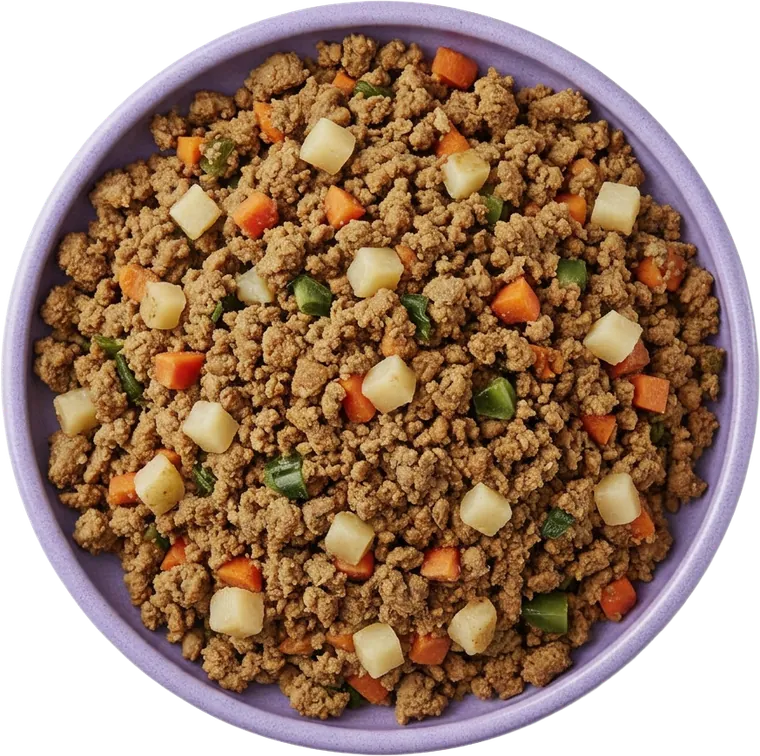 Plato de Gud Boi visto desde arriba: carne molida, papa, zanahoria y verduras